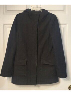 Womens Old Navy Wool Blend Full Zip Mid Length Winter Gray Coat M Lined Hood